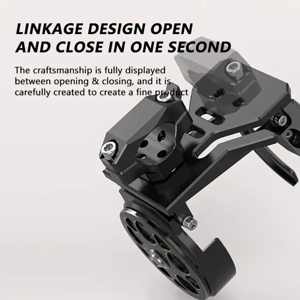 Angled view of the folding linkage mechanism, engineered to open and close in one second.
