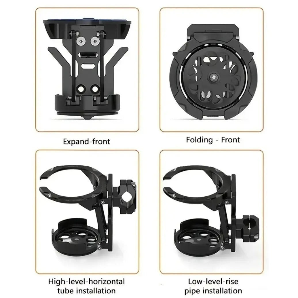 Four views showing expanded and folded states plus high and low handlebar installations.