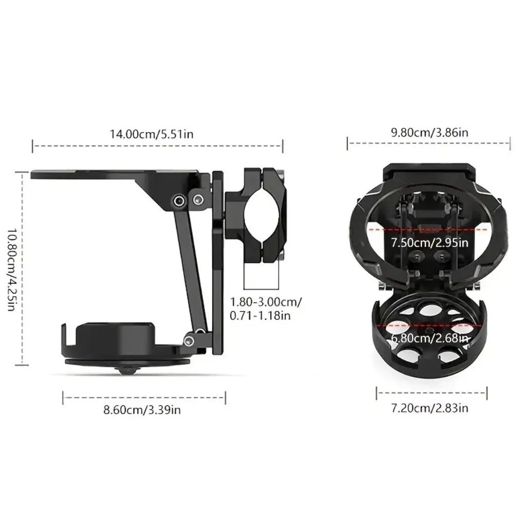 Technical drawing with dimensions: 14 cm wide, fitting 1.8 to 3.0 cm diameter handlebars.
