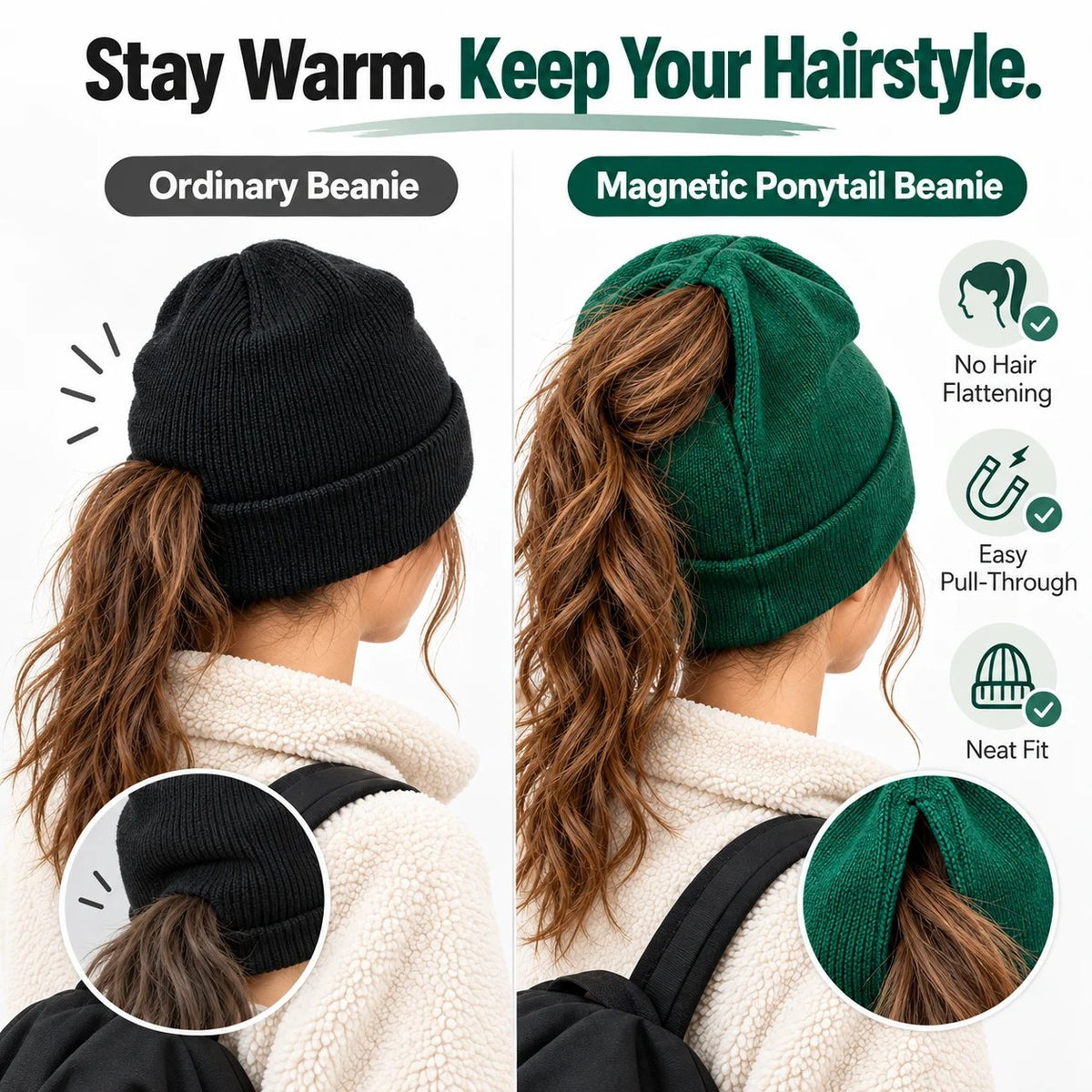 ๐งถ Magnetic Ponytail Beanie โ๏ธ โ Cozy Knit Winter Hat for Messy Buns & Ponytails ๐