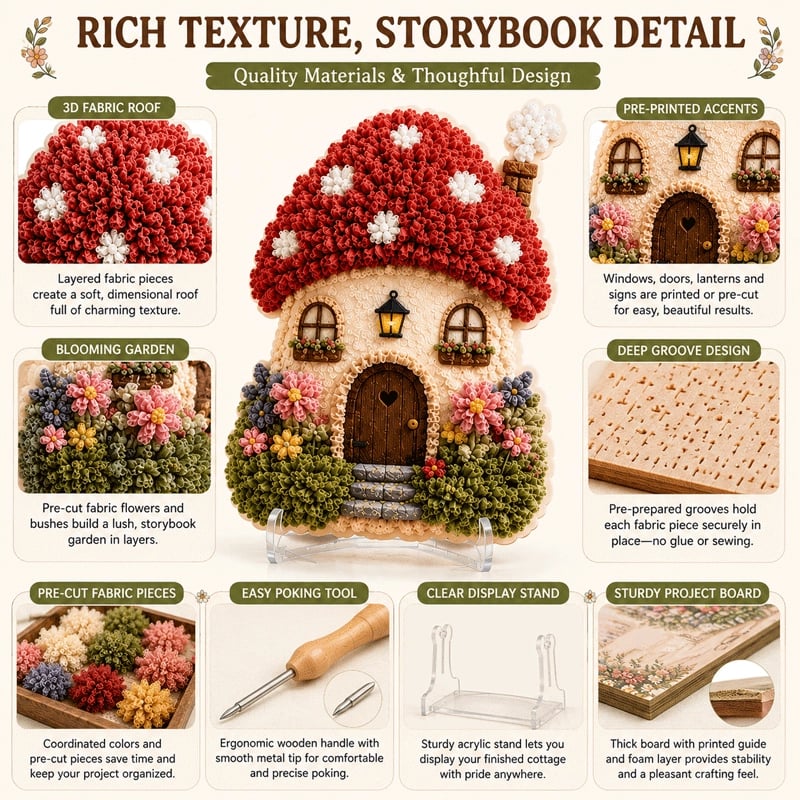 🧘Relaxing & Beginner-Friendly-✨Whimsical Village 3D Fabric Poke Art Kit