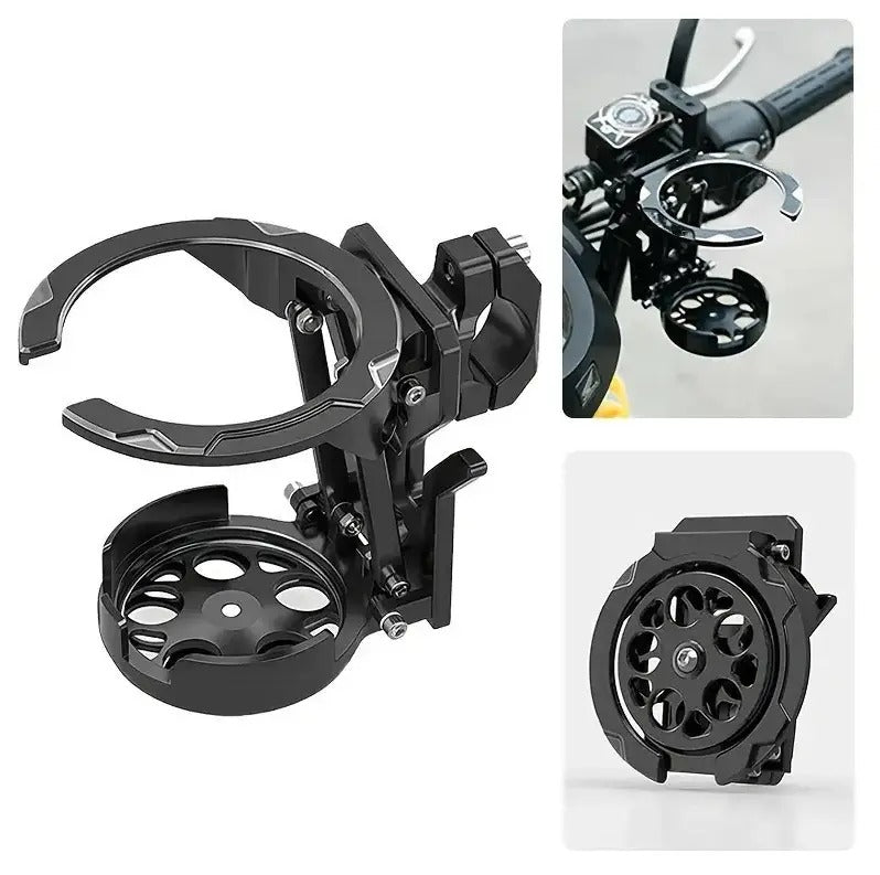 Multiple angles of the RideCup showing open, folded, and handlebar-clamp configurations.