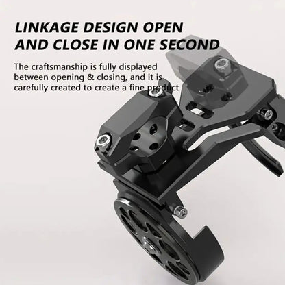 Angled view of the folding linkage mechanism, engineered to open and close in one second.