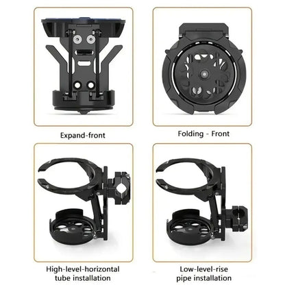 Four views showing expanded and folded states plus high and low handlebar installations.
