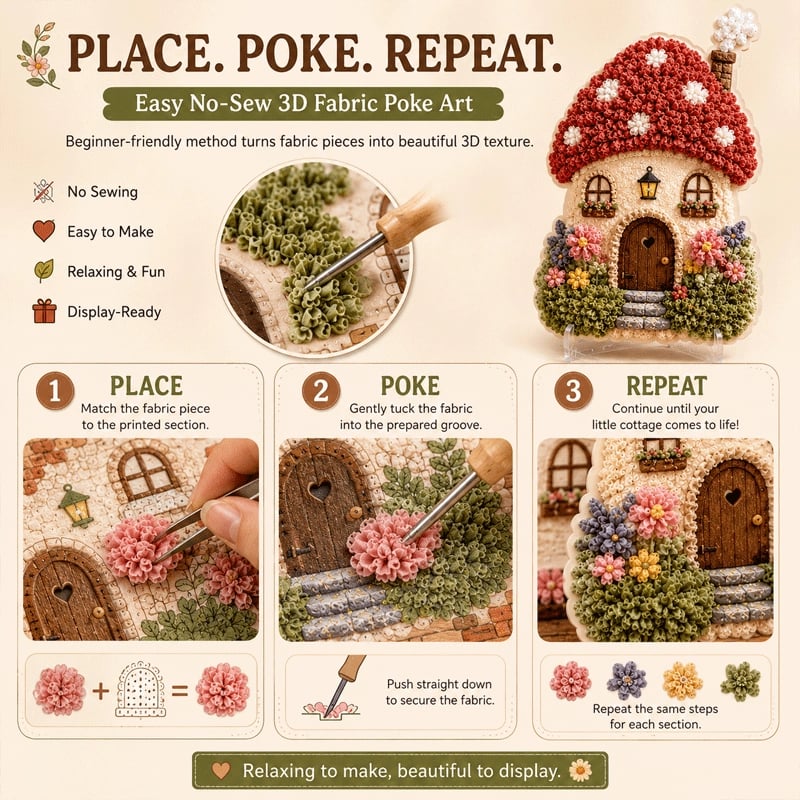 🧘Relaxing & Beginner-Friendly-✨Whimsical Village 3D Fabric Poke Art Kit
