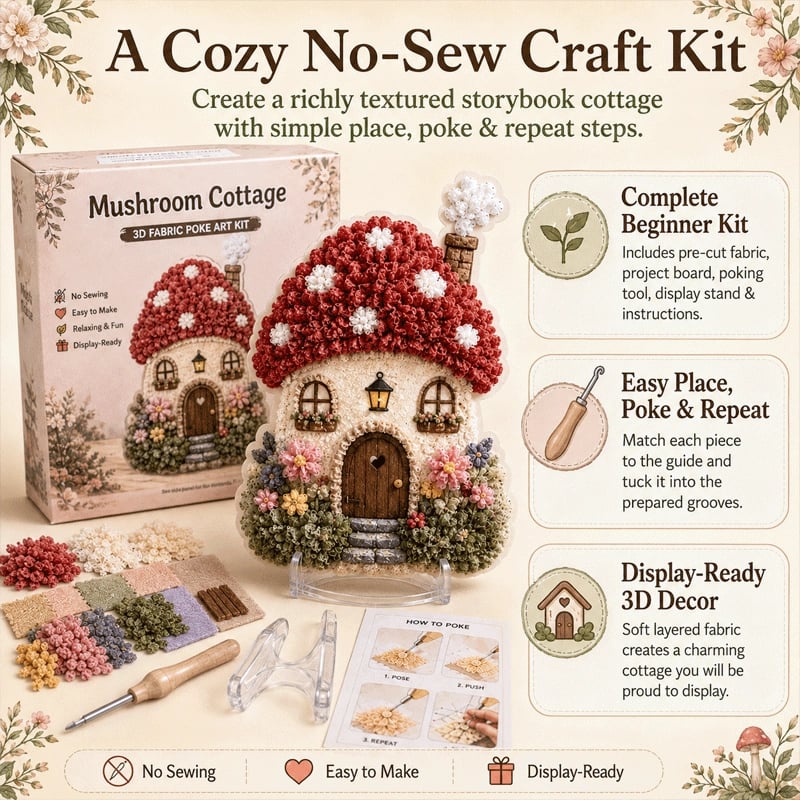 🧘Relaxing & Beginner-Friendly-✨Whimsical Village 3D Fabric Poke Art Kit