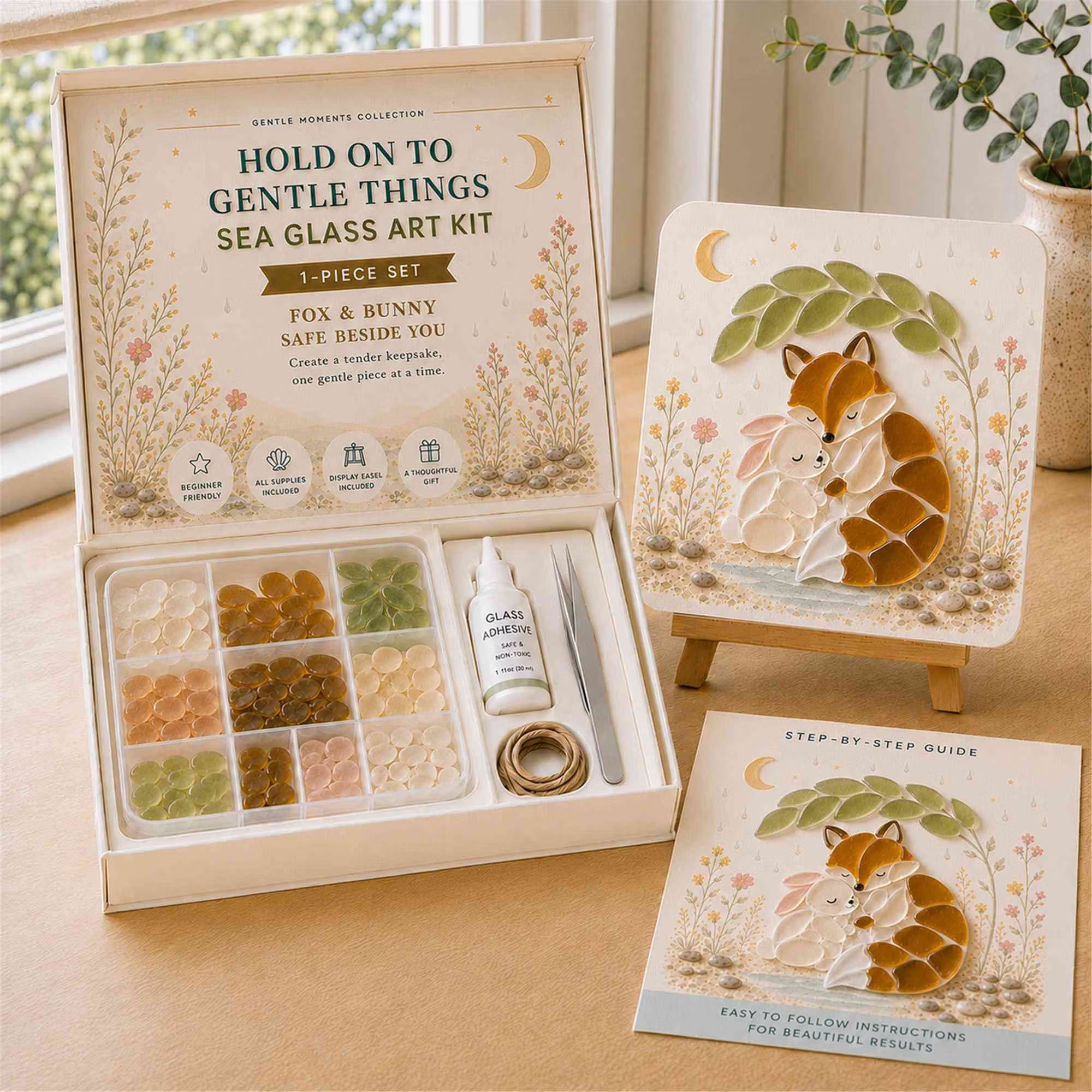 🧘Relaxing & Beginner-Friendly-🌊DIY Cute Animals Sea Glass Art Kit with Display Easel and Complete Supplies(✨Genuine Sea Glass Treasures)