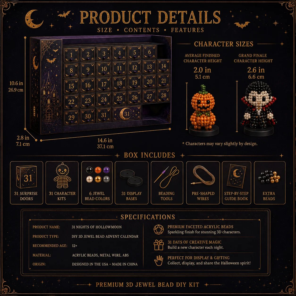 🧘Relaxing & Beginner-Friendly-🎃31 Nights of Hollowmoon DIY 3D Jewel Bead Countdown Calendar