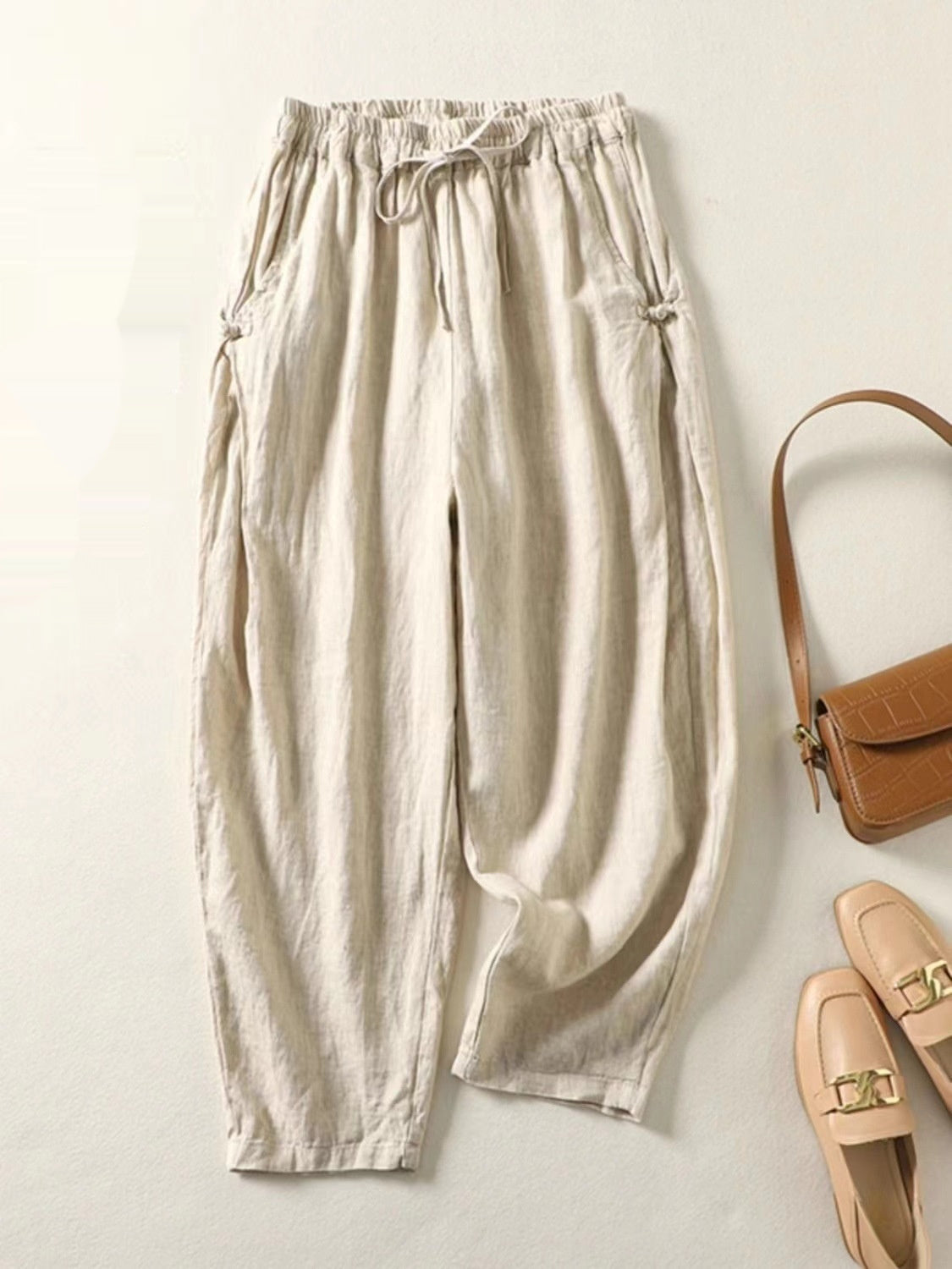 Casual Cotton Cropped Harem Pants with Buckle