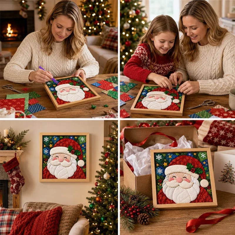 🎄Premium DIY Christmas Fabric Art Painting Kit | No-Sew Layered Fabric Craft with Reindeer, Sleigh, Christmas Tree & Snowflake Details 🎨✨