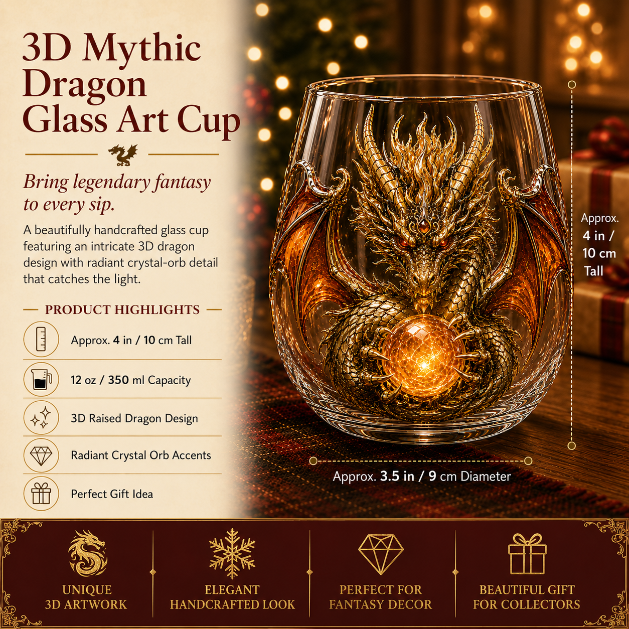 🐉Limited Edition 3D Mythic Dragon Glass Art Cup -✨Luxury Raised Fantasy Glassware for Whiskey, Home Bar Décor & Legendary Gifts 🎁
