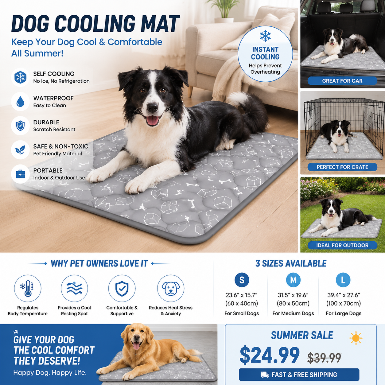Dog Cooling Mat – Self Cooling Pad for Dogs, Pet Cooling Bed for Summer Heat Relief