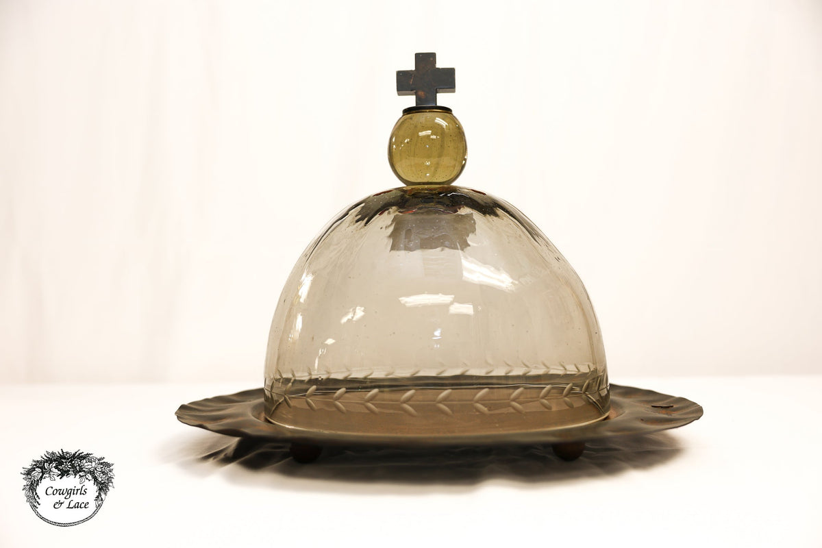 Jan Barboglio Cross Glass Cloche with Iron Tray – 16" Decorative Dome Server