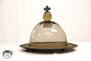 Jan Barboglio Cross Glass Cloche with Iron Tray – 16" Decorative Dome Server