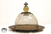 Jan Barboglio Cross Glass Cloche with Iron Tray – 16" Decorative Dome Server