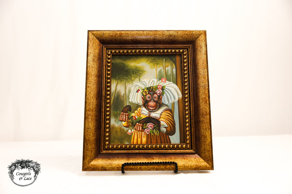 Framed Singerie Monkey Portrait Canvas Painting – Whimsical Animal Art with Gold Frame (14”)