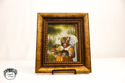 Framed Singerie Monkey Portrait Canvas Painting – Whimsical Animal Art with Gold Frame (14”)