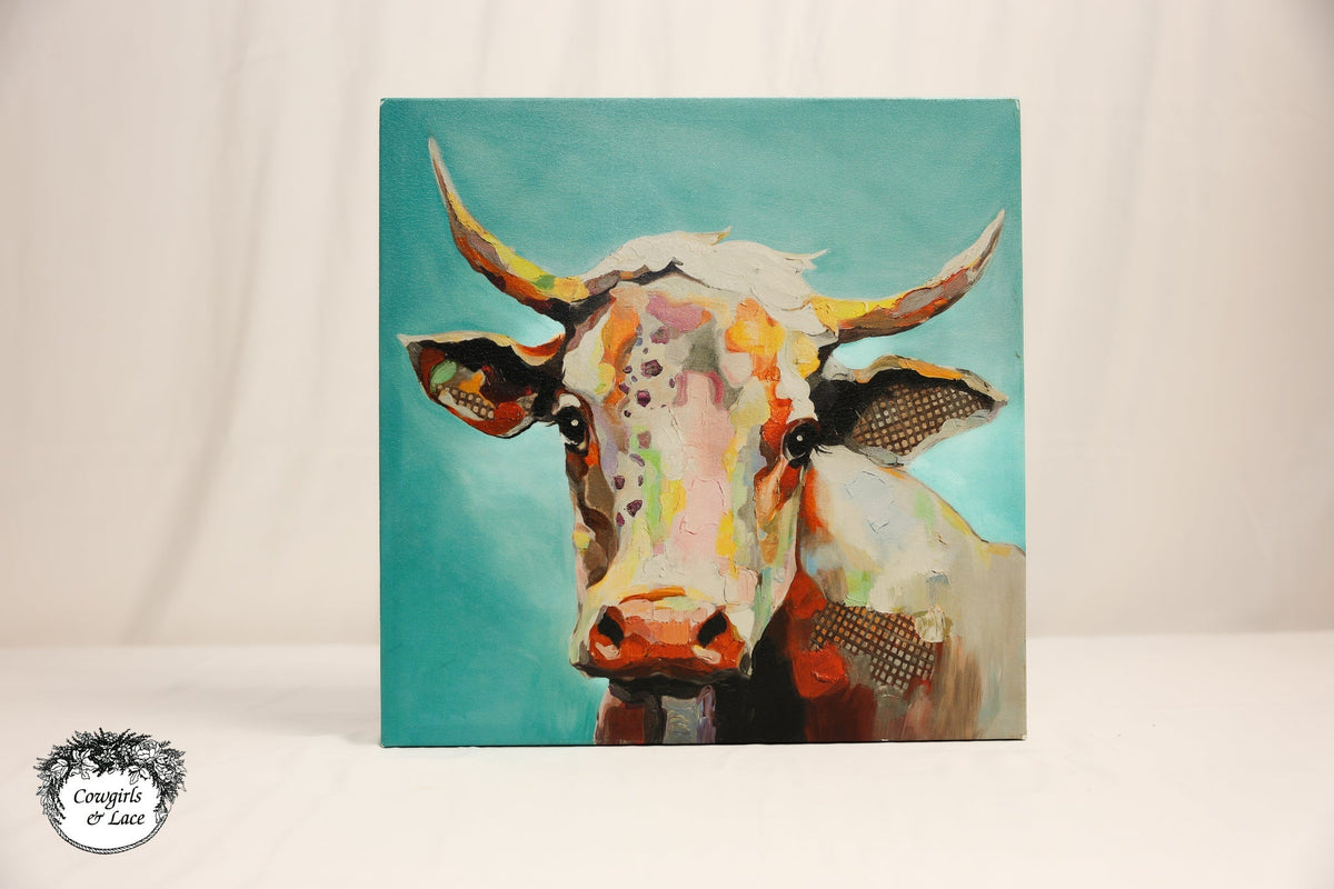 Colorful Longhorn Cow Canvas Wall Art – 16x16 Rustic Farmhouse Animal Painting