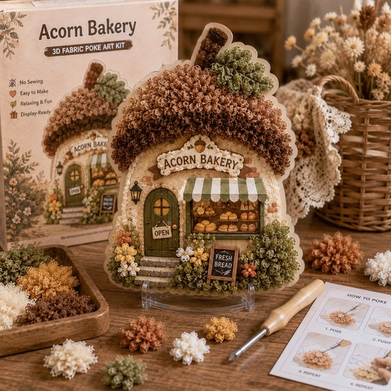 🧘Relaxing & Beginner-Friendly-✨Whimsical Village 3D Fabric Poke Art Kit