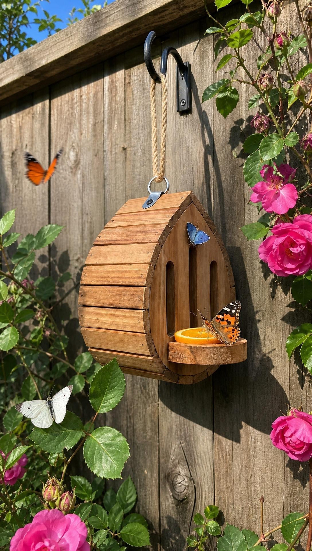 🔥100% Hand-Carved from Solid Wood -🦋Handmade Garden Butterfly House with Feeder Station