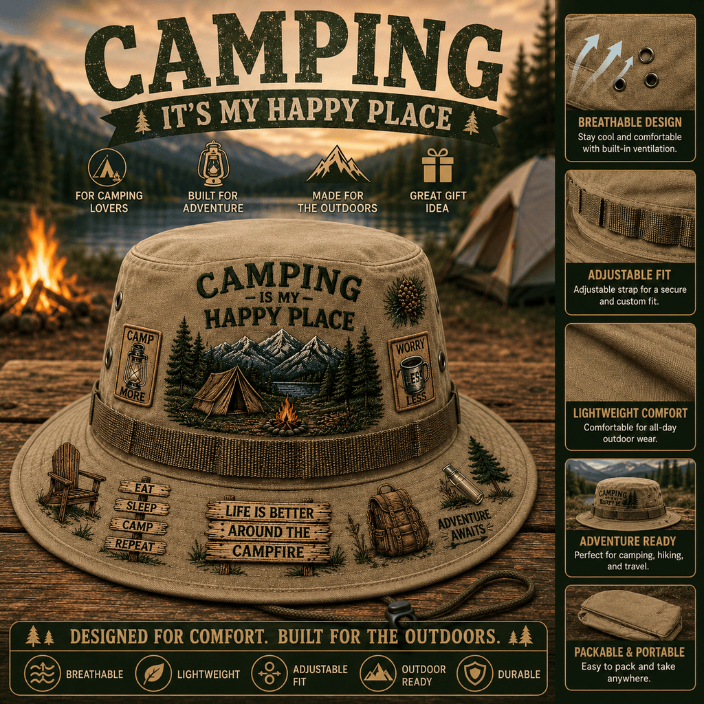 ⭐Limited Edition Release-🏕️Camping Is My Happy Place™ Boonie Hat(❤Ultra-Breathable & Lightweight Comfort & Unisex Fit)
