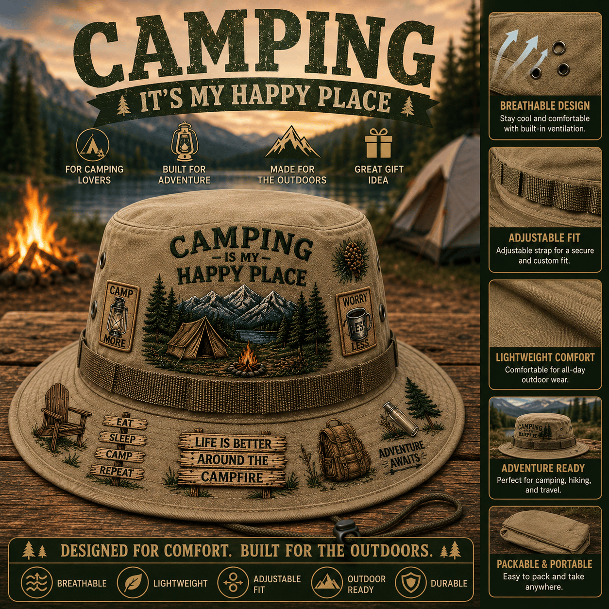 ⭐Limited Edition Release-🏕️Camping Is My Happy Place™ Boonie Hat(❤Ultra-Breathable & Lightweight Comfort & Unisex Fit)