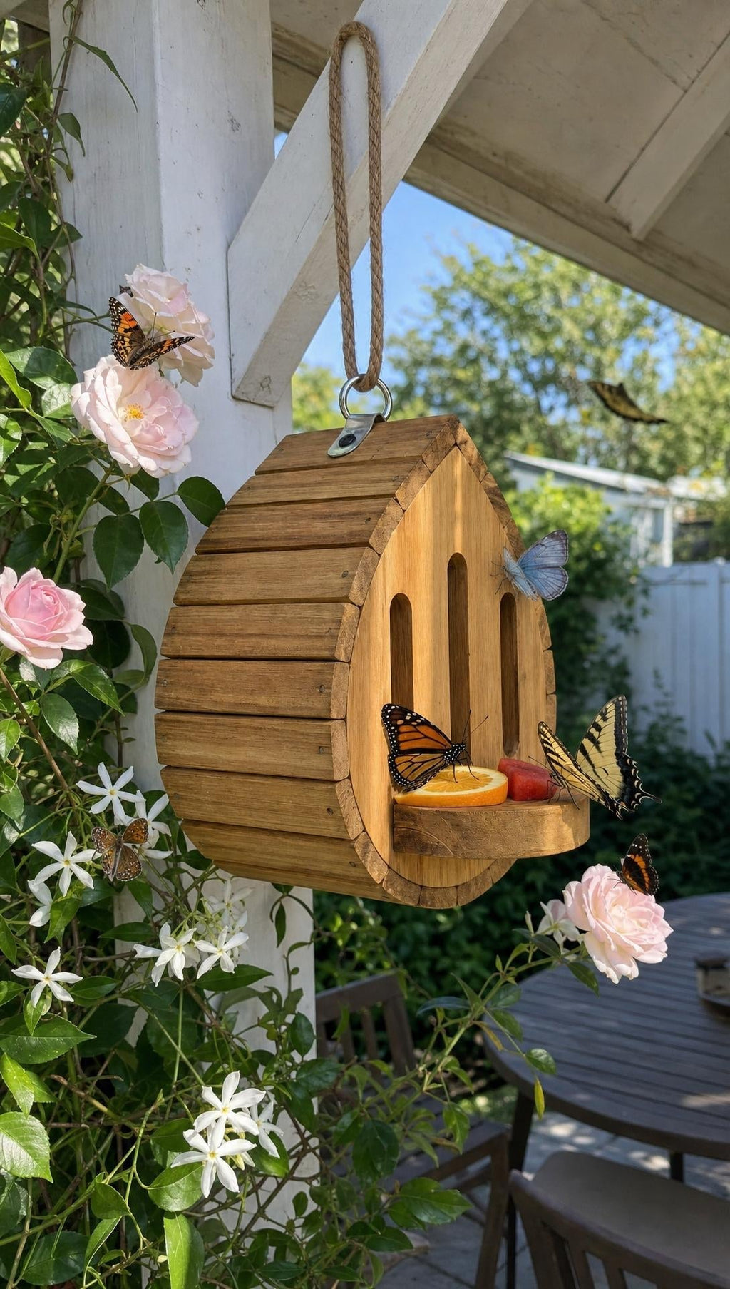 🔥100% Hand-Carved from Solid Wood -🦋Handmade Garden Butterfly House with Feeder Station