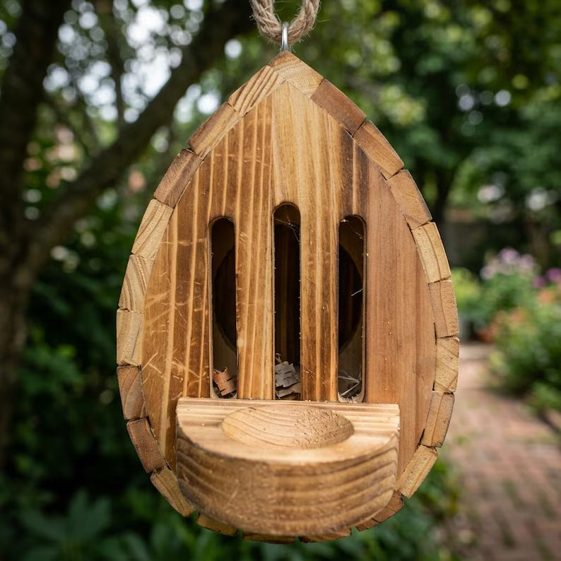 🔥100% Hand-Carved from Solid Wood -🦋Handmade Garden Butterfly House with Feeder Station