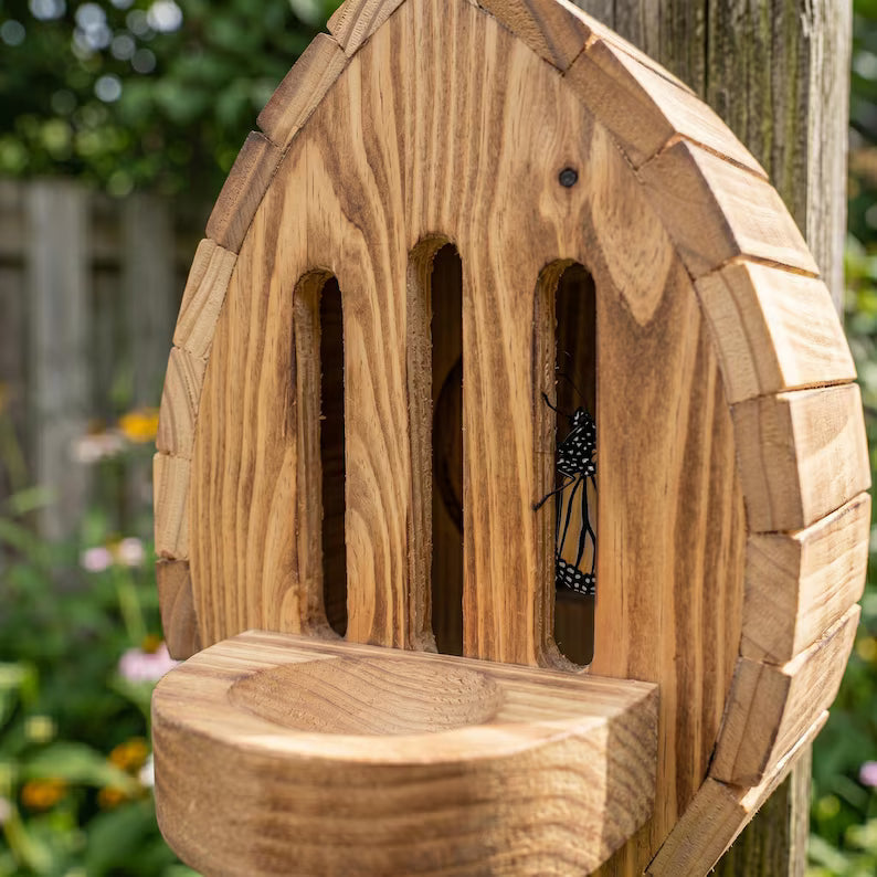 🔥100% Hand-Carved from Solid Wood -🦋Handmade Garden Butterfly House with Feeder Station