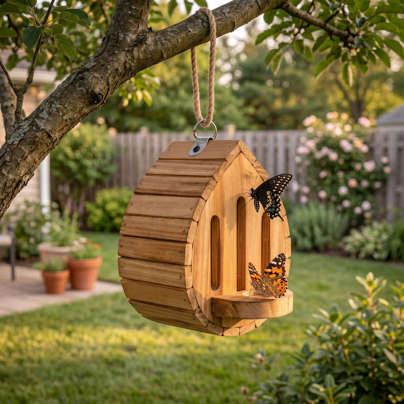 🔥100% Hand-Carved from Solid Wood -🦋Handmade Garden Butterfly House with Feeder Station