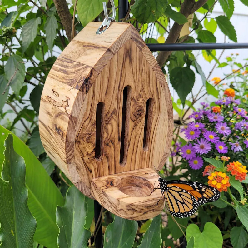 🔥100% Hand-Carved from Solid Wood -🦋Handmade Garden Butterfly House with Feeder Station