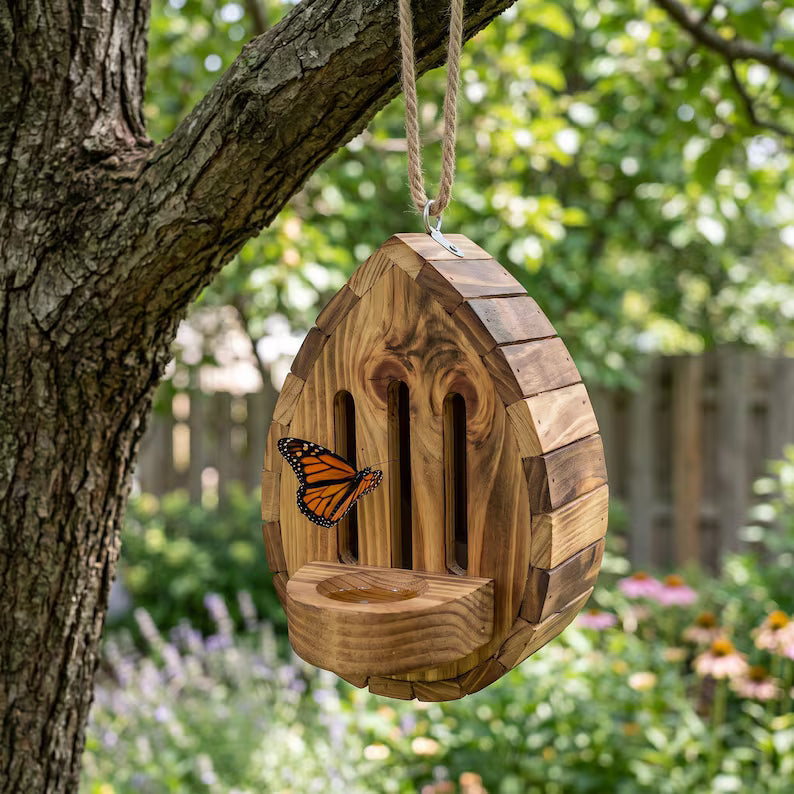 🔥100% Hand-Carved from Solid Wood -🦋Handmade Garden Butterfly House with Feeder Station