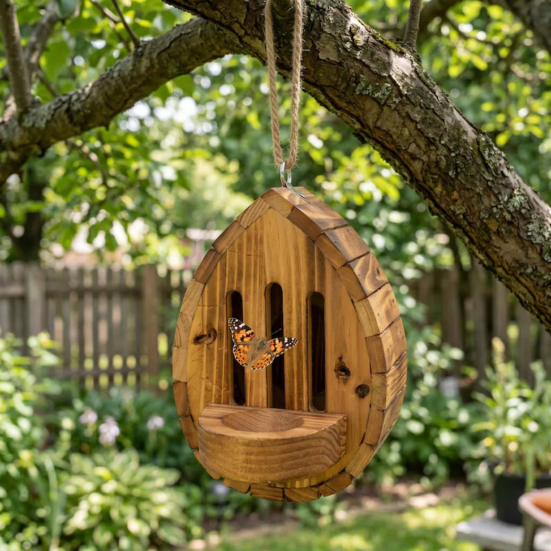 🔥100% Hand-Carved from Solid Wood -🦋Handmade Garden Butterfly House with Feeder Station