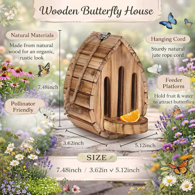 🔥100% Hand-Carved from Solid Wood -🦋Handmade Garden Butterfly House with Feeder Station